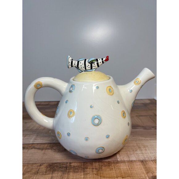 Blue Sky Lynda Corneille Handcrafted Ceramic Cat Teapot With Whimsical Fish Lid - Picture 4 of 7